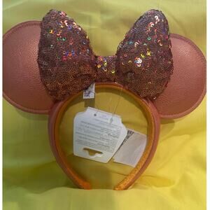 NWT Disney Parks Peach Punch Apricot Sequin Bow Faux Leather Ears Headband